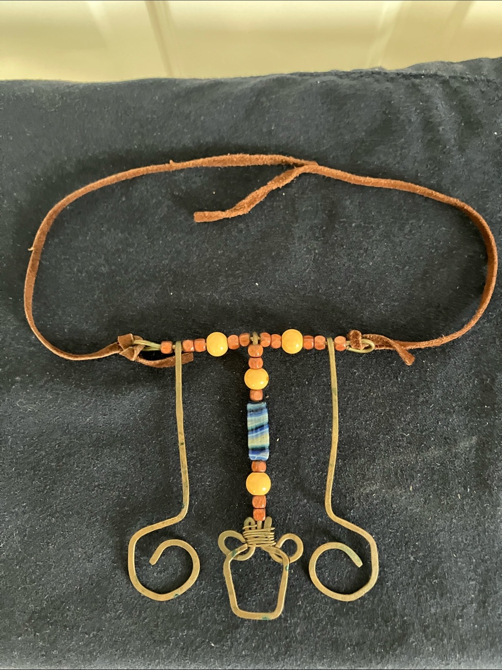 Boho Leather and Brass Pendant Necklace with Orange Beads